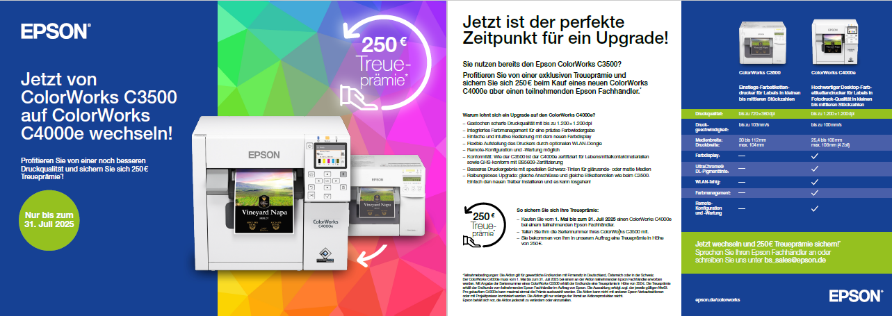 250,- € Treueprämie für ColorWorks C3500 Kunden bei Wechsel auf ColorWorks C4000e